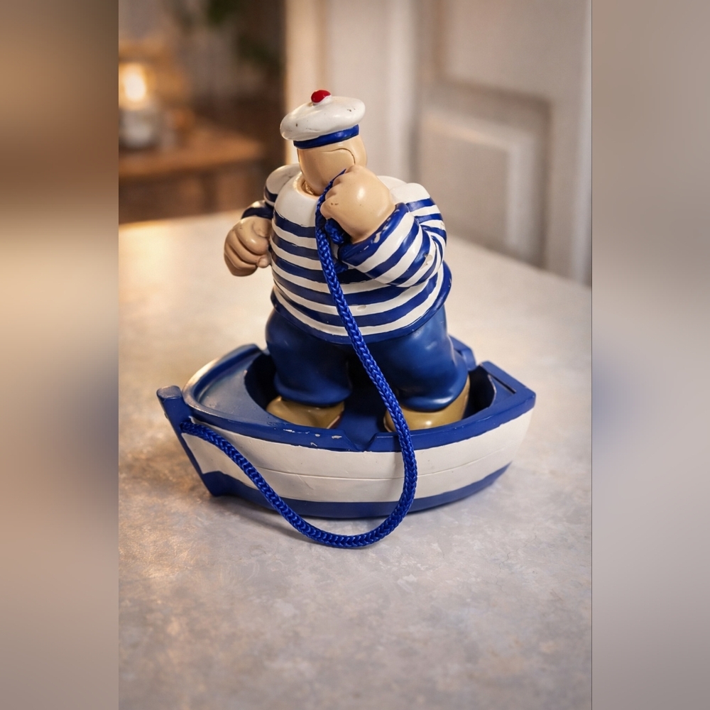 Vintage Hand-Painted Sailor Figurine in Boat | Nautical Bathroom Decor | Wooden